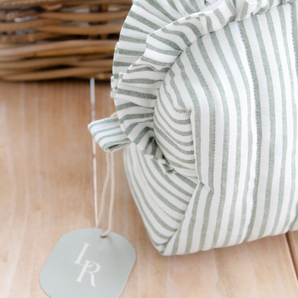 Handmade Ruffle Cosmetic Pouch Sage Green Stripe