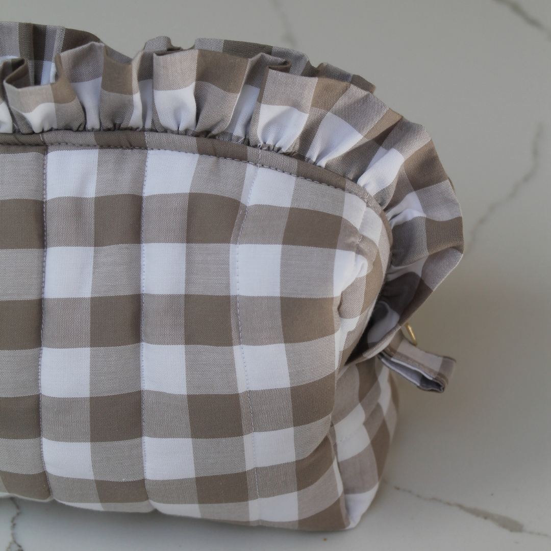 Handmade Ruffle Cosmetic Pouch Beige Gingham