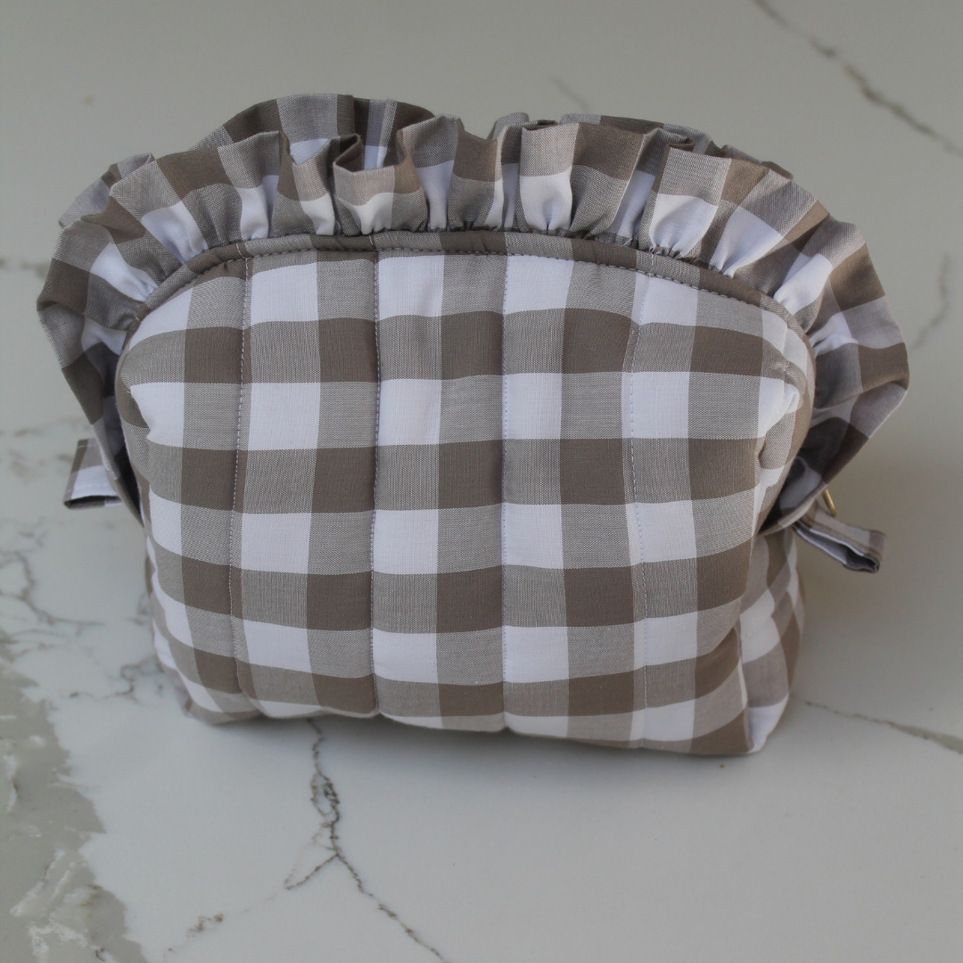 Handmade Ruffle Cosmetic Pouch Beige Gingham