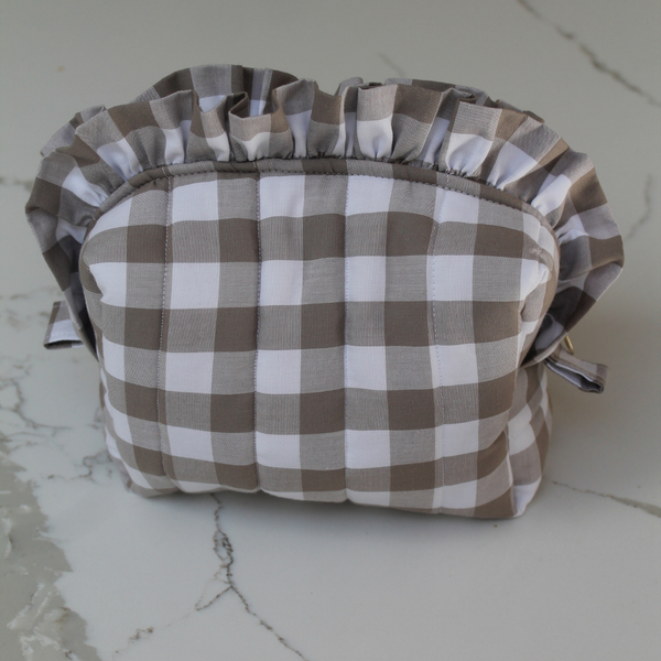 Handmade Ruffle Cosmetic Pouch Beige Gingham