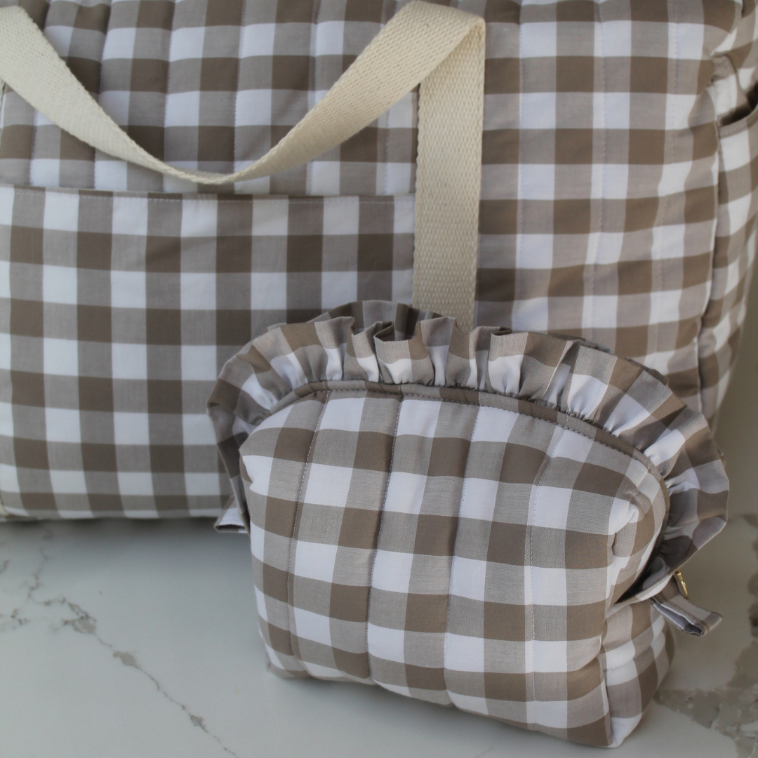 Handmade Ruffle Cosmetic Pouch Beige Gingham