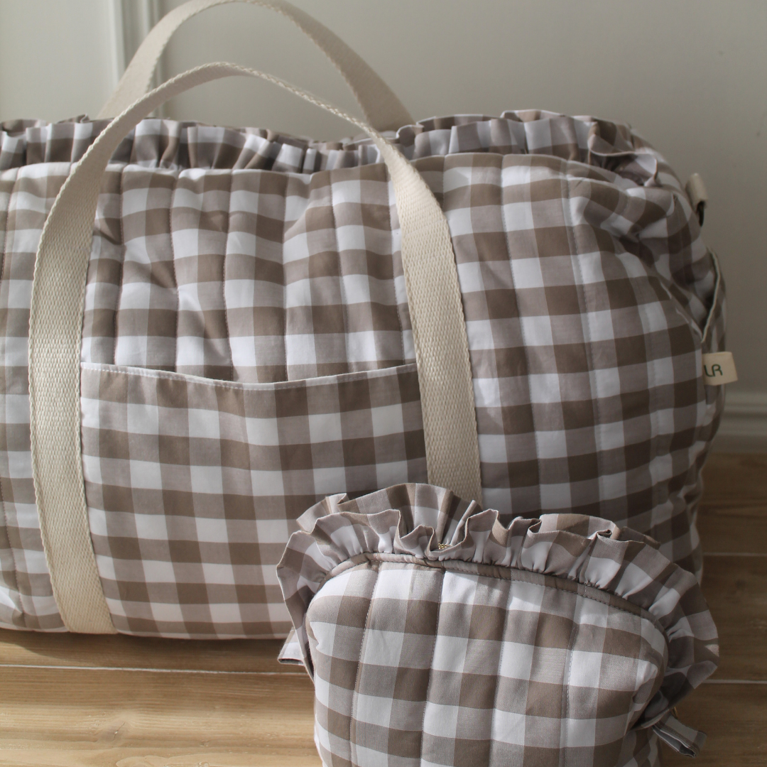 Handmade Ruffle Beige Gingham XL Weekender Bag