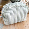 Handmade Ruffle Cosmetic Pouch Sage Green Stripe