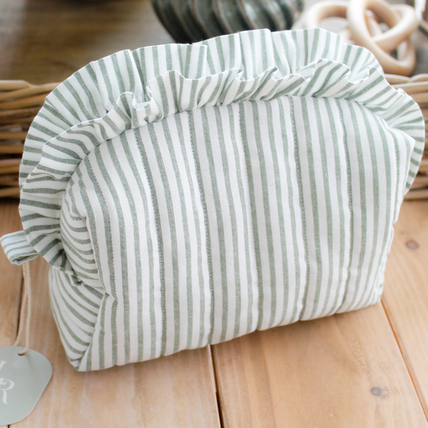 Handmade Ruffle Cosmetic Pouch Sage Green Stripe