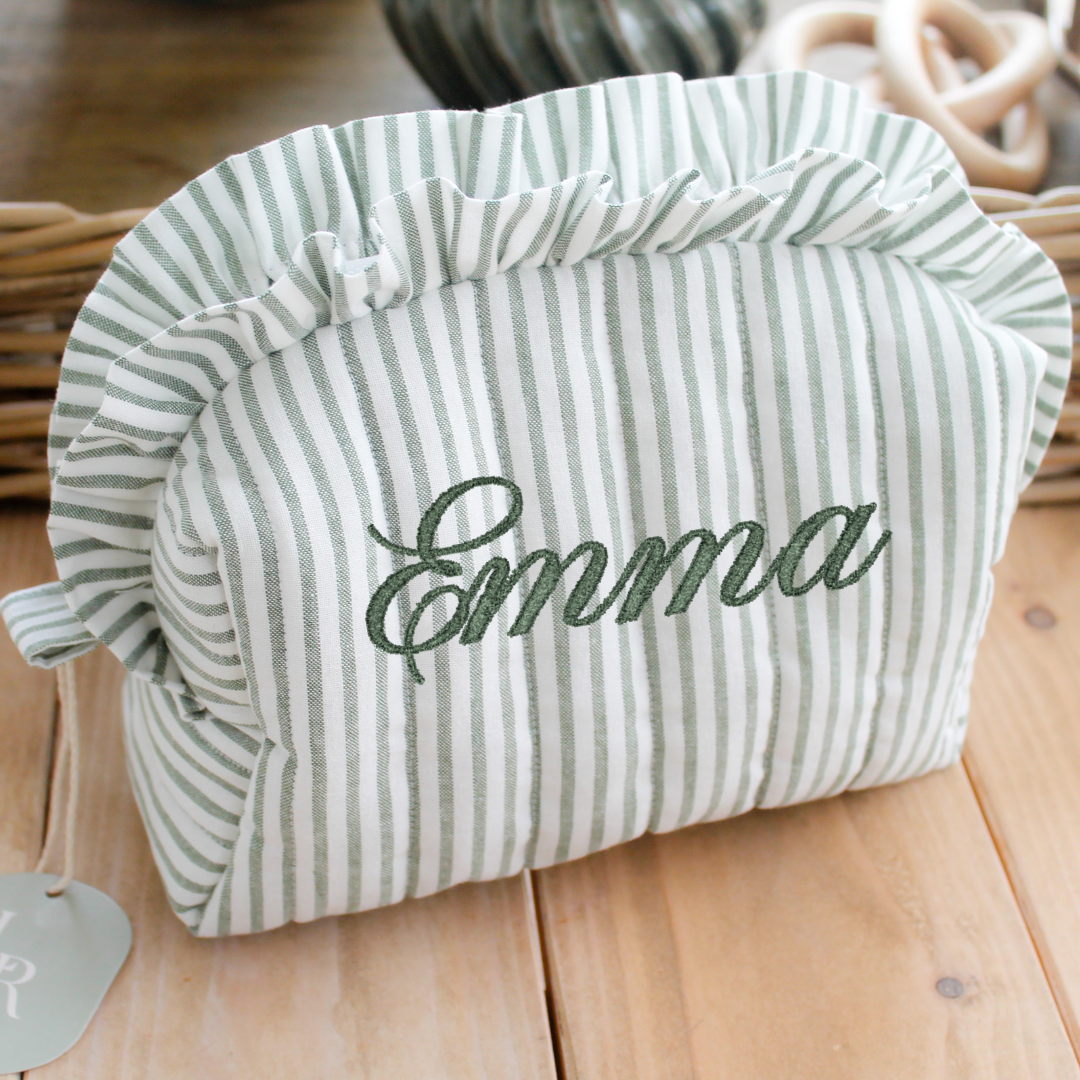 Handmade Ruffle Cosmetic Pouch Sage Green Stripe